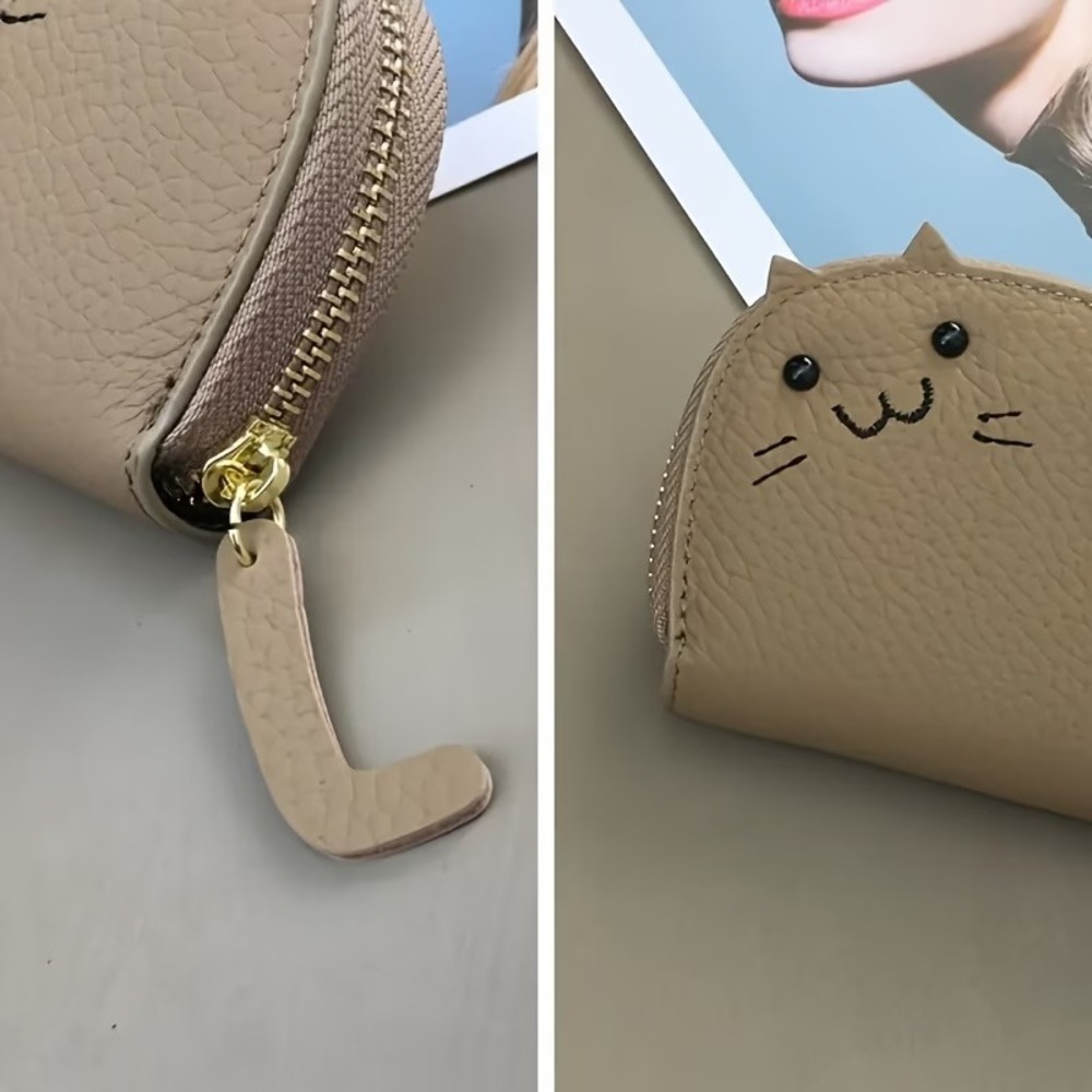 Cat Accordion Card Holder Pebbled Vegan Leather Zip Around Wallet Grey Novelty - Picture 3 of 4